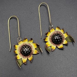 Vintage Cloisonné Sunflower Drop Earrings Sterling Silver Stamped Circa 1970s